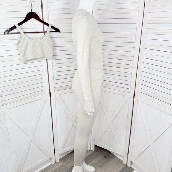 JoyLab Textured Seamless Three Piece Top Bra Leggings Set Beige Tan Small XS - Picture 3 of 14